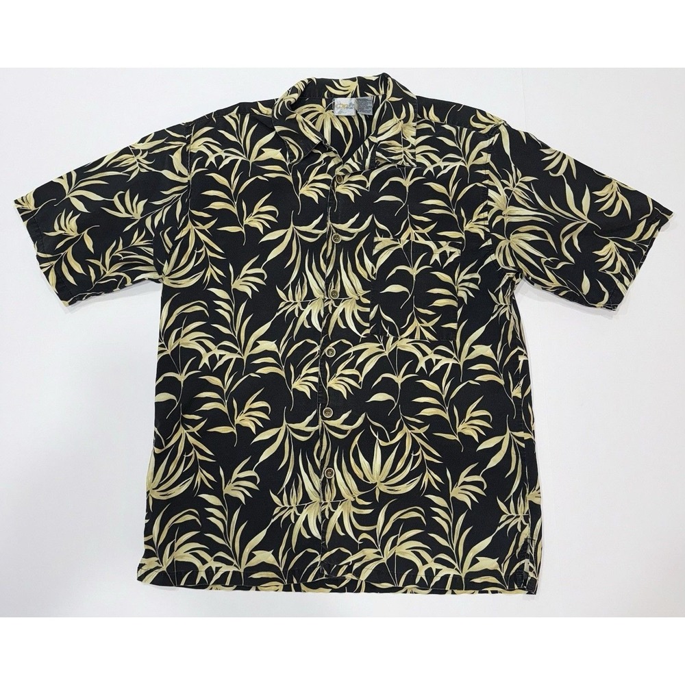 OP Sport Mens Hawaiian Multi Black Green Palm Leaves Button Up‎ Shirt Size L VTG